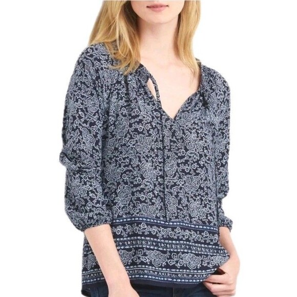 GAP | Navy Blue & White Paisley Print Smocked Peasant Blouse Size M (8-10) - Picture 1 of 6